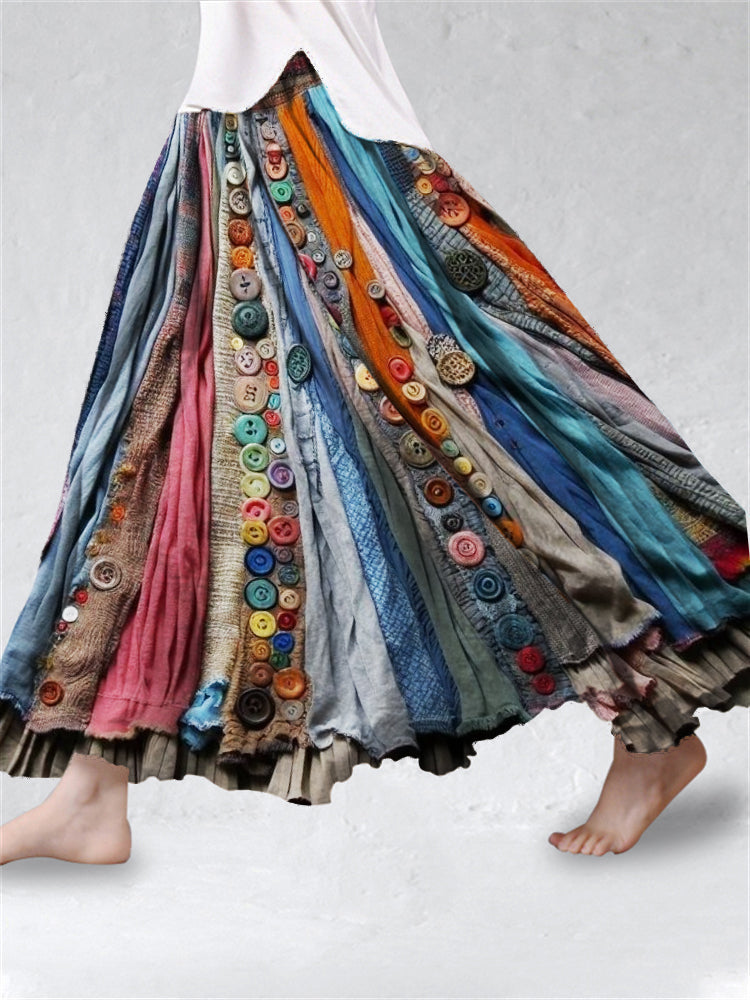 Boho Colorful Textile Flowy Linen Blend Wide Skirt elevenforest