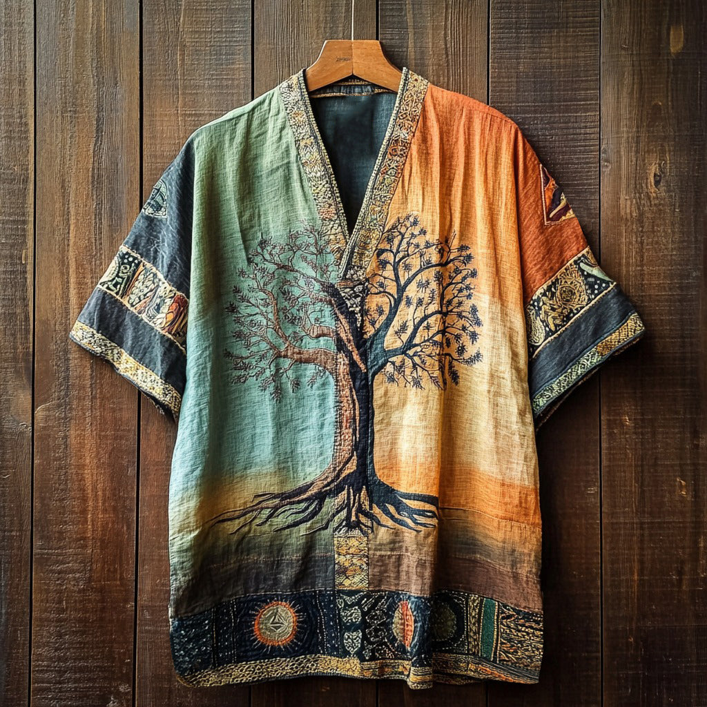 Men's Tribal Ethnic Tree Of Life Patchwork Gradient Art T-shirt elevenforest