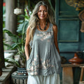 Vintage Magnolia Sleeveless Linen Blend Tank Top elevenforest