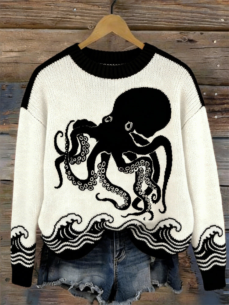 Octopus & Sea Waves Contrast Cozy Knit Sweater elevenforest