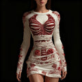 Comstylish Vintage Skeleton Roses Art Crew Neck Sweater Dress