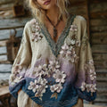 Classy Gradient Apricot Blossoms Embroidered Art Linen Long Sleeve Shirt elevenforest