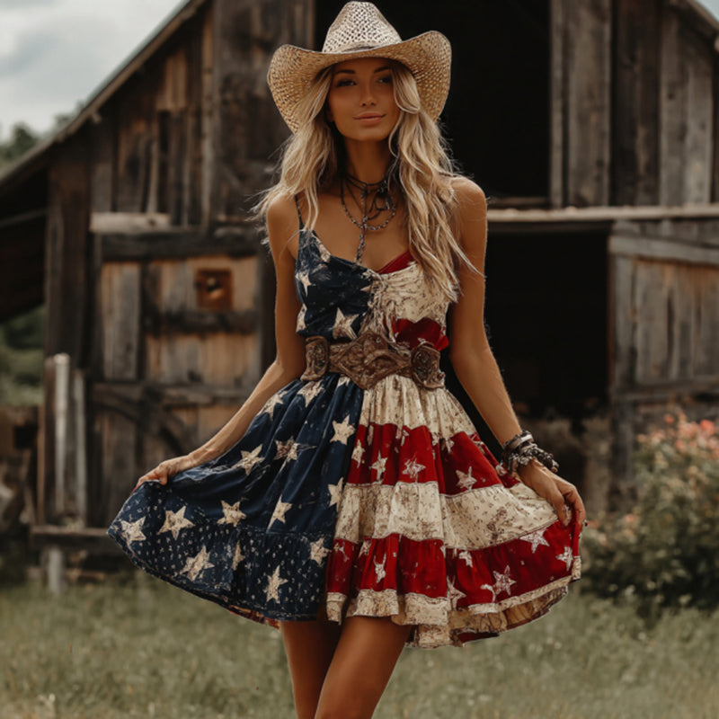 Women's Retro Flag Design Casual Midi Dress elevenforest