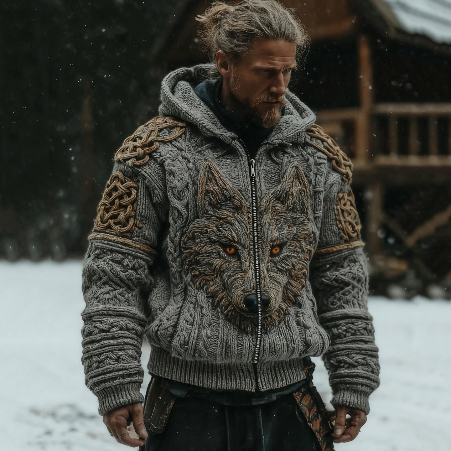 Men's Vintage Viking Wolf Pattern Zip Up Knit Hooded Sweater artswardrobe