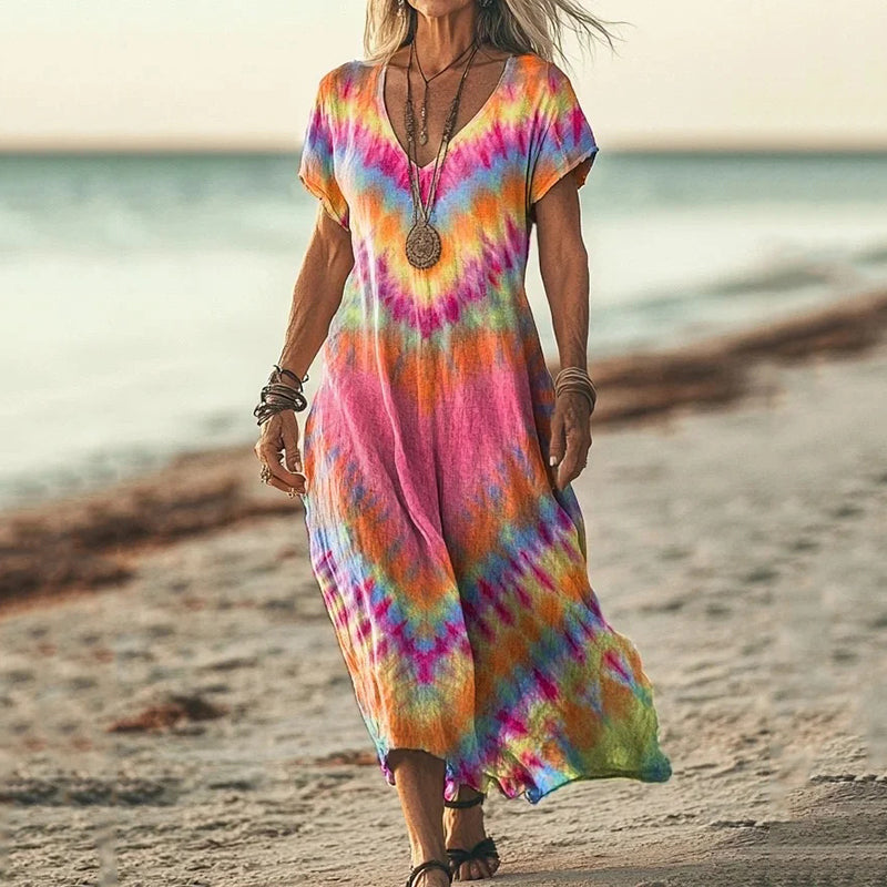 Comstylish Women's Retro Colorful Heart Tie-dye Print Midi Dress