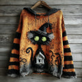 Halloween Black Cat And Castle Embroidered Knitted Warm Hooded Sweater