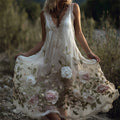 Vintage Boho Pink & White Roses Fiber Art Flowy Linen Dress elevenforest