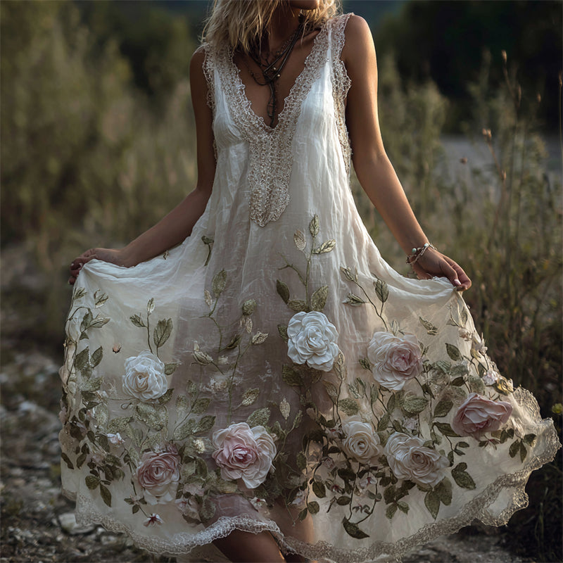 Vintage Boho Pink & White Roses Fiber Art Flowy Linen Dress elevenforest