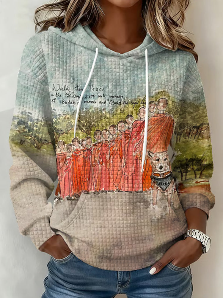Comstylish Retro Walk For Peace The 120 Days, 2,300 Mile Journey Of Buddhist Monks And Aloka, The Loyal Dog Watercolor Painting Print Hoodie