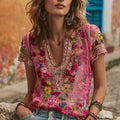 Women's Bohemian Floral Embroidered V-neck Linen T-shirt elevenforest
