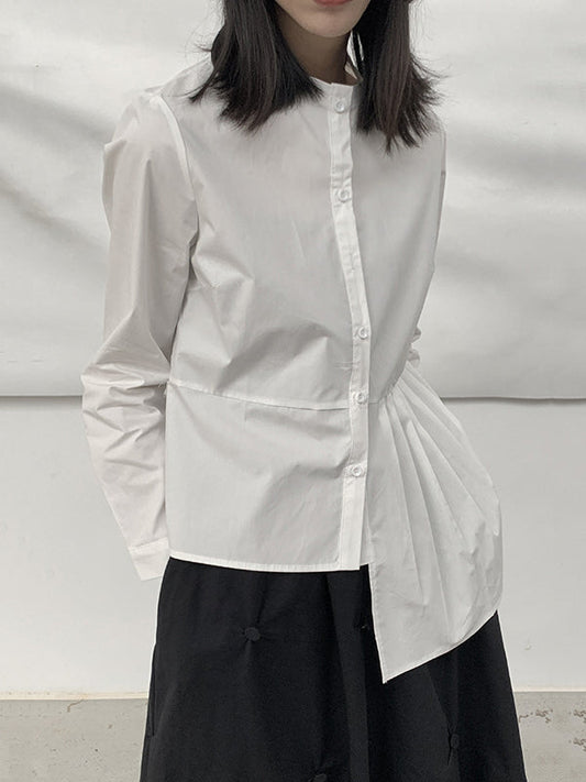 Long Sleeves Asymmetric Buttoned Pleated Color Round-neck Blouses&shirts Tops