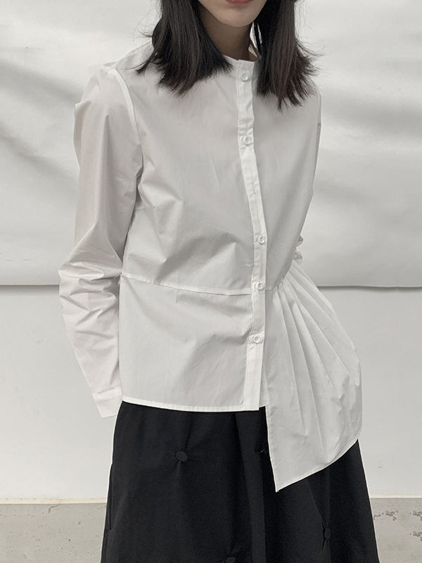 Long Sleeves Asymmetric Buttoned Pleated Color Round-neck Blouses&shirts Tops