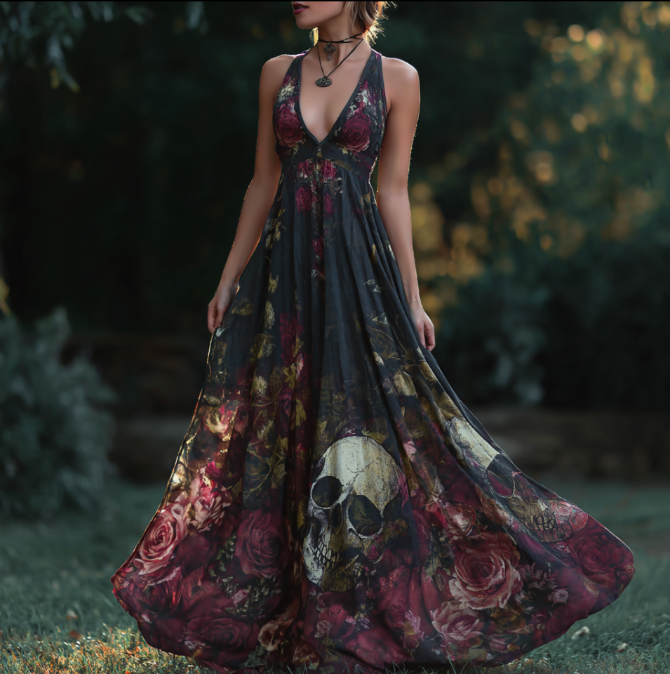 Halloween Theme Rose And Skull Pattern Women's V-neck Long Dress elevenforest