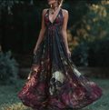 Halloween Theme Rose And Skull Pattern Women's V-neck Long Dress elevenforest