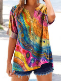 Women's Colorful Wave Texture Art Print Casual Short Sleeve Cotton and