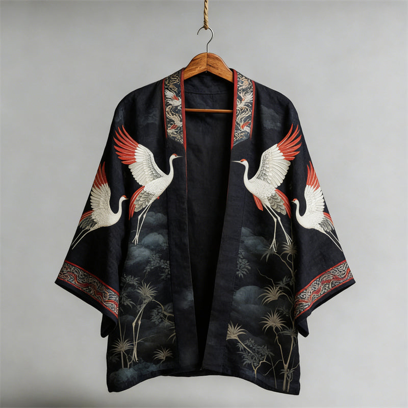 Japanese Classy Cranes & Pine Trees Art Linen Kimono elevenforest
