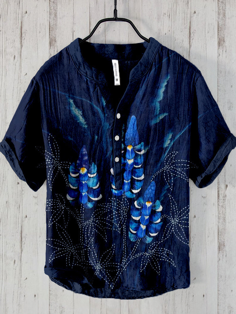 Cyanotype & Sashiko Japanese Art Linen Blend Shirt elevenforest