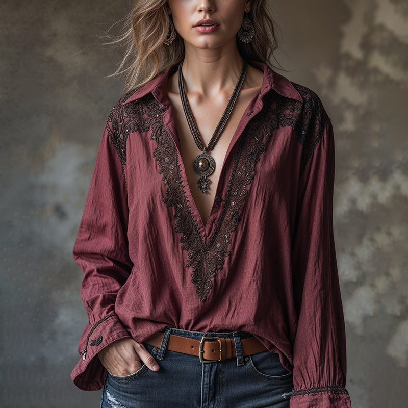 Women's Vintage Floral Art Print Linen Tops elevenforest