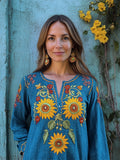 Ukraine Ethnic Sunflowers Embroidered Boho Linen Blend Tunic elevenforest