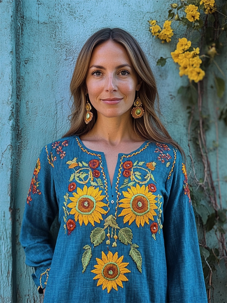 Ukraine Ethnic Sunflowers Embroidered Boho Linen Blend Tunic elevenforest