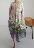 Vintage Bird And Floral Round Neck Long Sleeve Midi Dress elevenforest