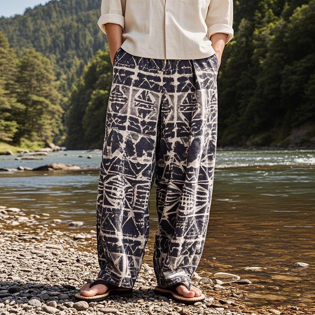 Men's Tribal Tie-dye Linen Basic Lounge Pants elevenforest
