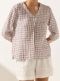 Women's Casual Checked Linen Classic Doll Collar Top