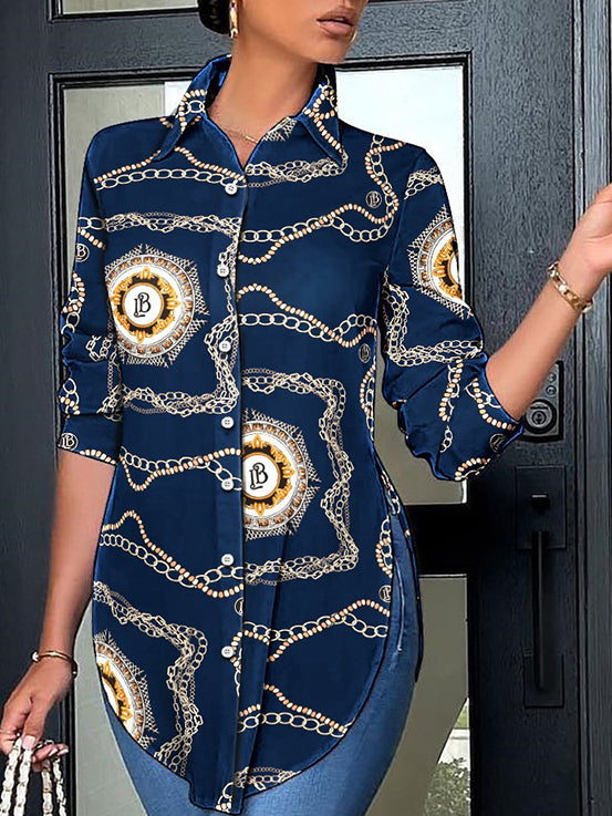 Loose Long Sleeves Printed Split-side Polo Blouses&shirts Tops