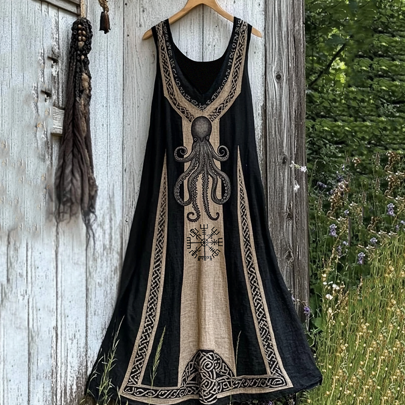 Vintage Viking Cthulu Celtic Art Contrasting Colors Linen Tank Dress elevenforest