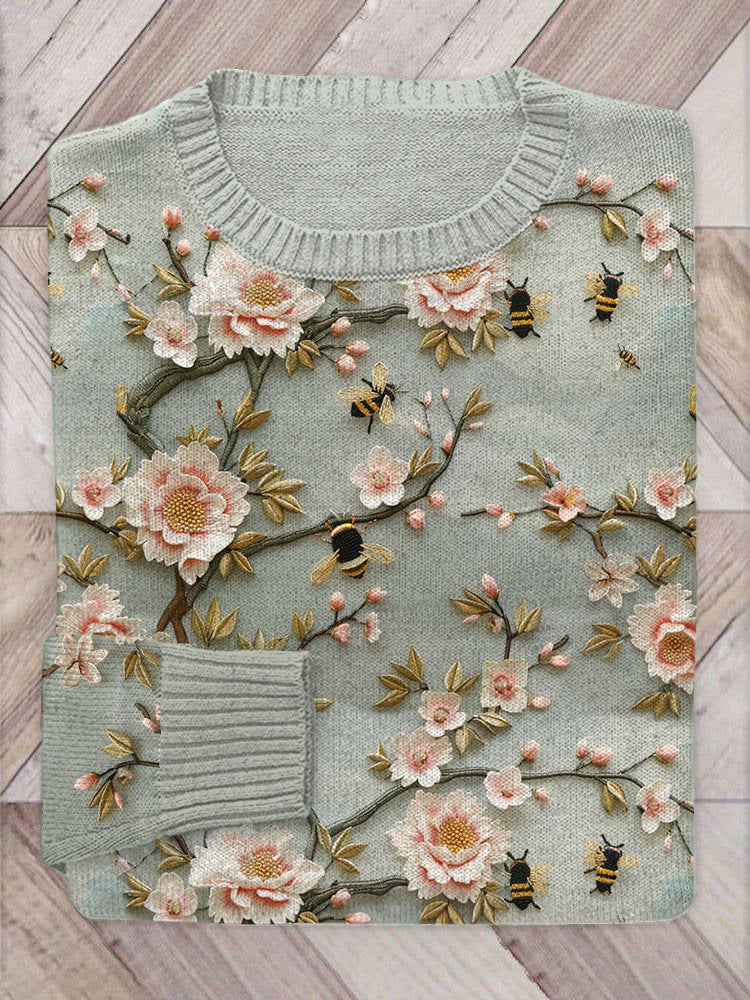 Bee Floral Embroidery Pattern Cozy Knit Sweater artswardrobe