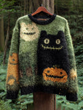 Comstylish Women's Casual Vintage Halloween Black Cat Embroidered Sweater