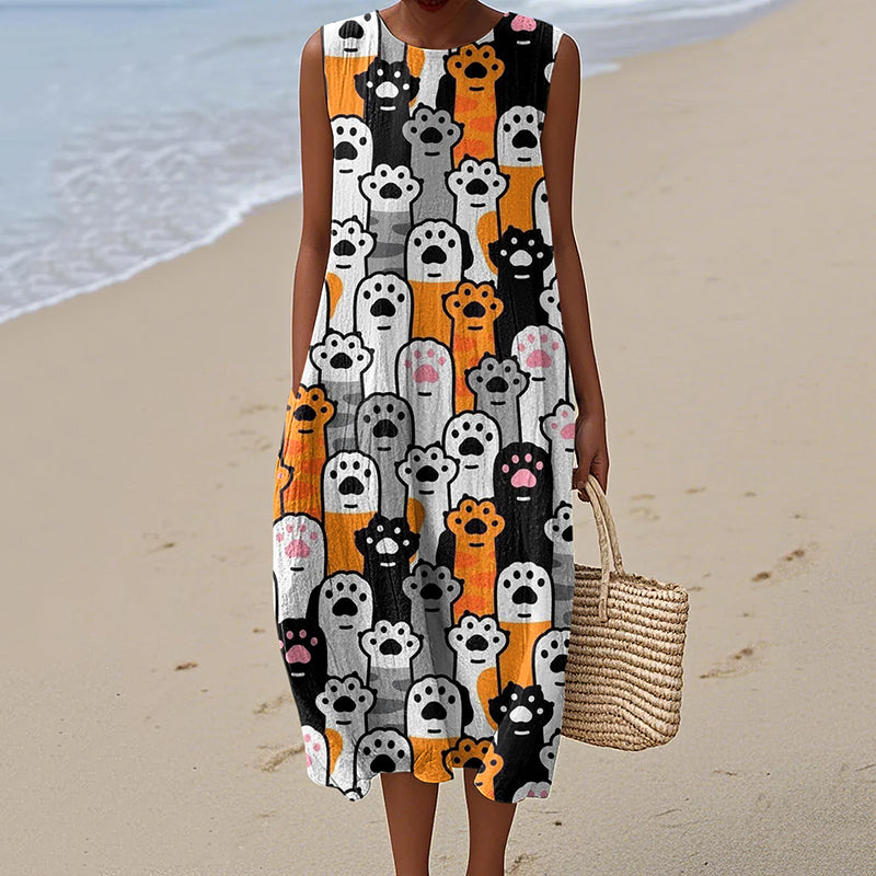 Women's Vintage Dog Art Print Cotton And Linen Dress elevenforest