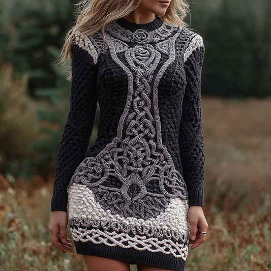 Women's Vintage Viking Celtic Knot With Rose Art Cozy Knit Mini Sweater Dress artswardrobe