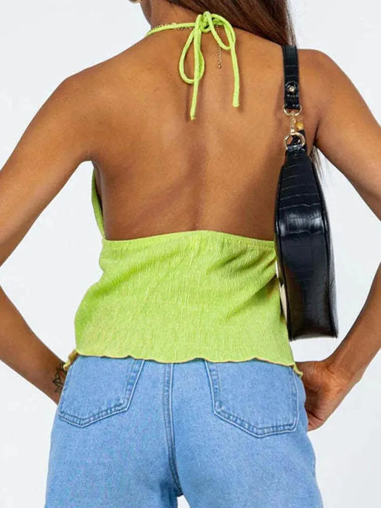 Halterneck Crop Tops Summer Color Bandage Open Front Backless Sleeveless Green Tops Y2k