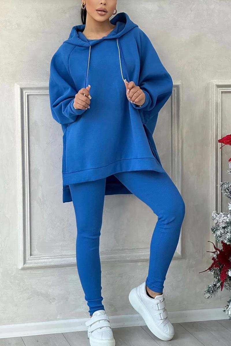 Color Slit Hem Hooded Sweatshirt Sports Suit