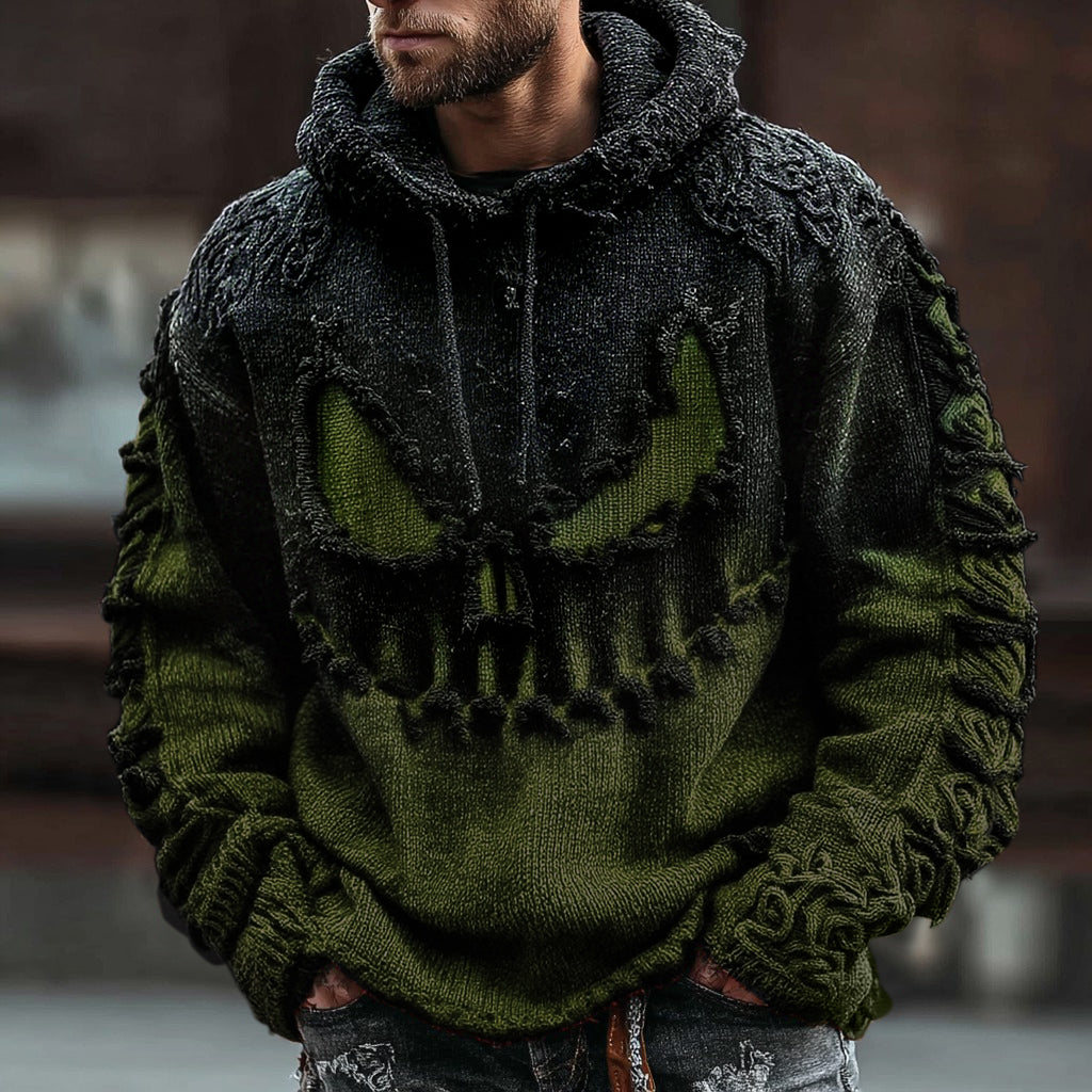 Men's Halloween Spooky Face Gradient Inspired Knitted Distressed Hooded Sweater artswardrobe
