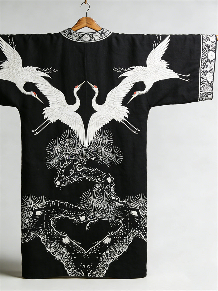 Comstylish Japanese Cranes & Pine Trees Classy Linen Long Kimono