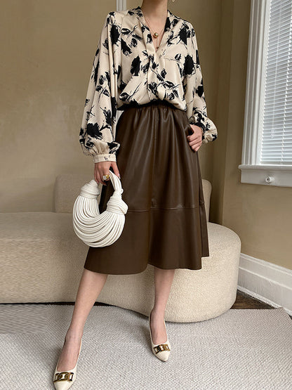 Loose Puff Sleeves Printed V-neck Blouses&shirts Tops