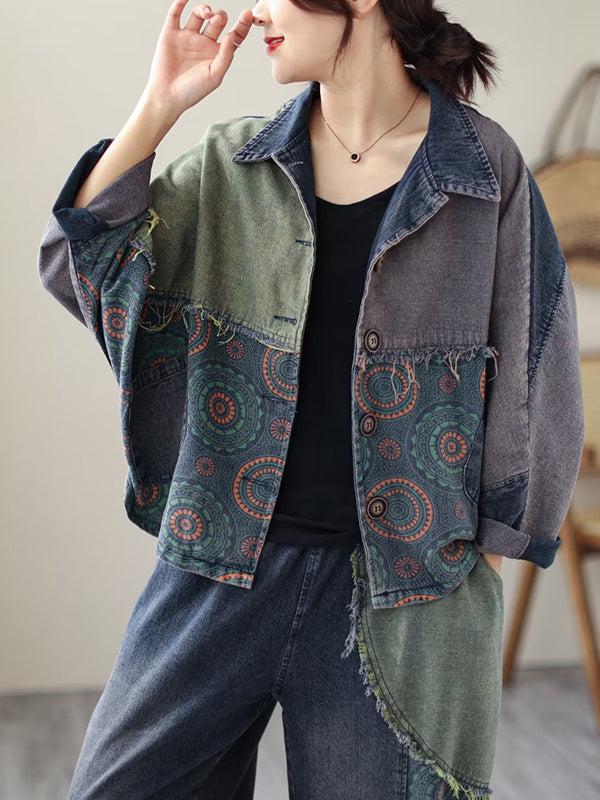 Contrast Color Fringed Split-joint Long Sleeves Printed Outwear + Harem Pants Two Pieces Set