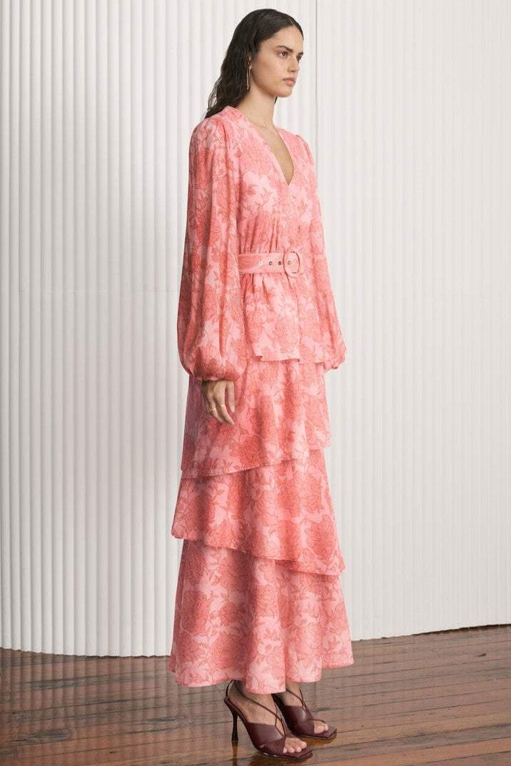 V-neck Lantern Sleeve Midi Dress With Belt