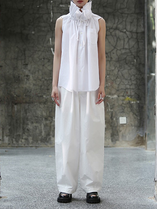 Sleeveless Pleated Color Statement Collar Blouses&shirts Tops