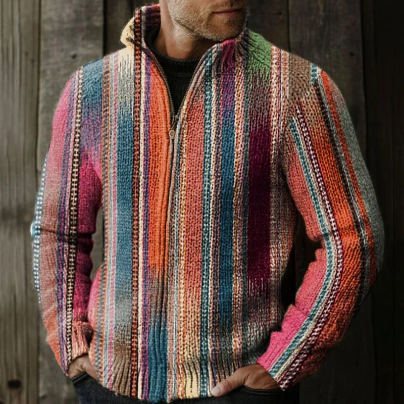 Men's Retro Colorful Striped Pattern Knitted Zip Sweater artswardrobe