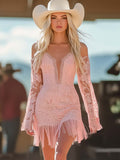 Fashion Western Spaghetti Strap Off-Shoulder Hem Tassel Pink Lace Mini Dress