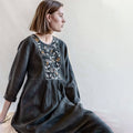 Vintage Floral Embroidery Art Cotton Linen Comfy Midi Dress elevenforest
