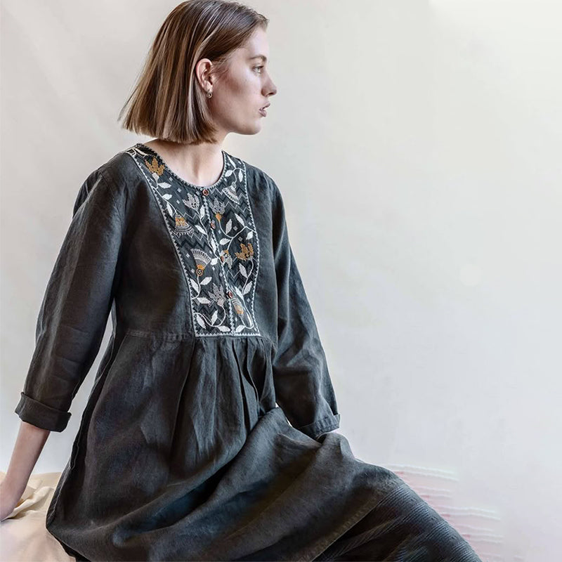 Vintage Floral Embroidery Art Cotton Linen Comfy Midi Dress elevenforest