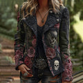 Rose Skull Embroidered Gothic Rock Lapel Denim Jacket elevenforest