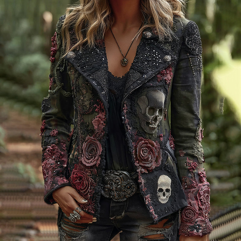Rose Skull Embroidered Gothic Rock Lapel Denim Jacket elevenforest