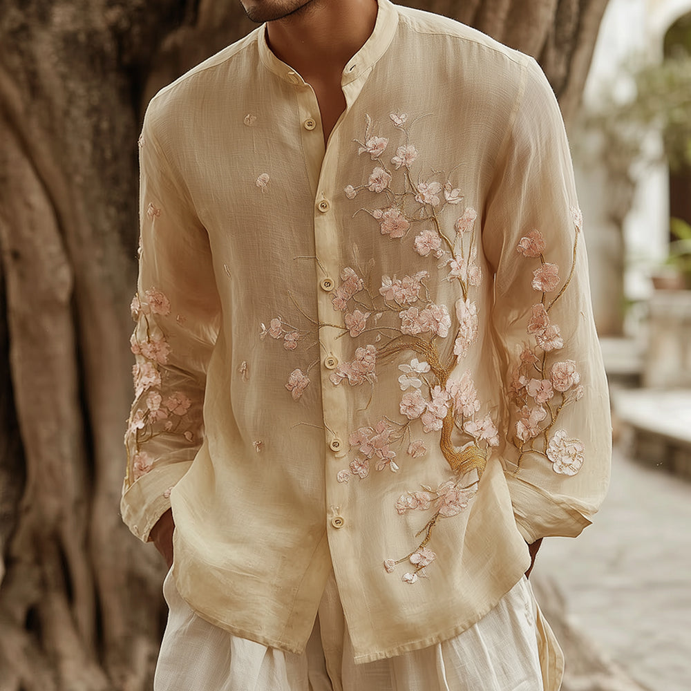Men's Retro Flower Art Print Long Sleeve Shirt elevenforest