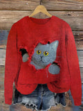 Ripped Cat Knit Crew Neck Cozy Sweater elevenforest