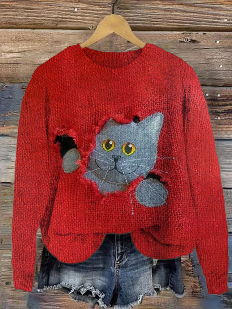 Ripped Cat Knit Crew Neck Cozy Sweater elevenforest